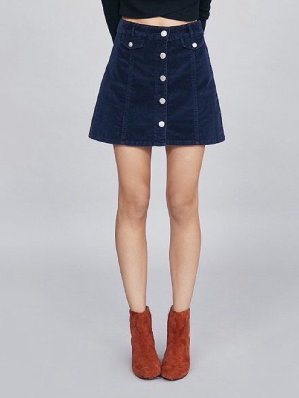 BDG Navy Button-Front Corduroy Mini Skirt